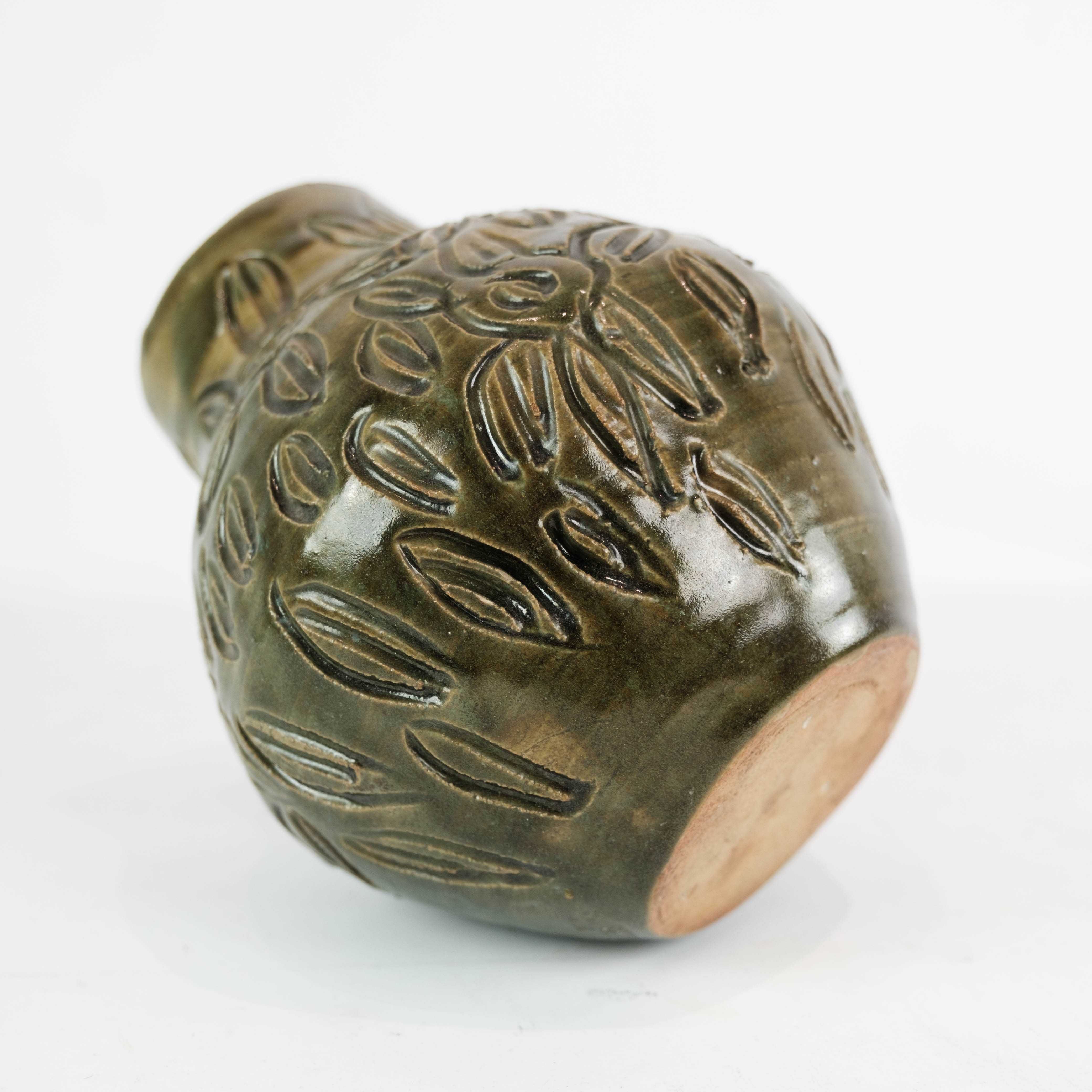 Ceramic vase with dark glaze and floral pattern of unknown Danish artis, 1960s