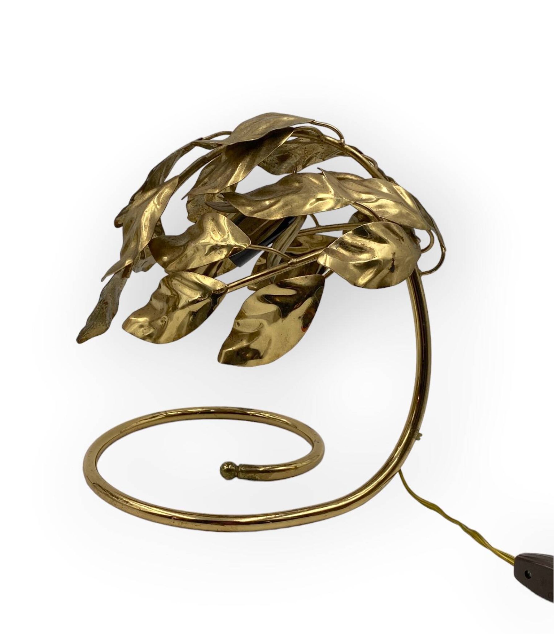 Hollywood regency set of 2 brass leaves table lamps, Bottega Gadda Italy, 1970s