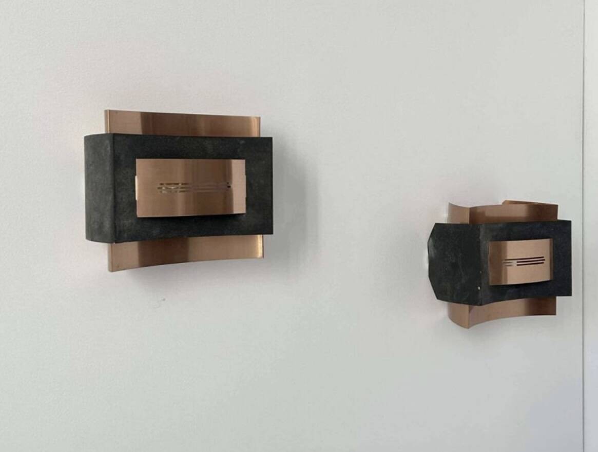 Pair of vintage wall lights, matte black metal and copper, Netherlands 1960