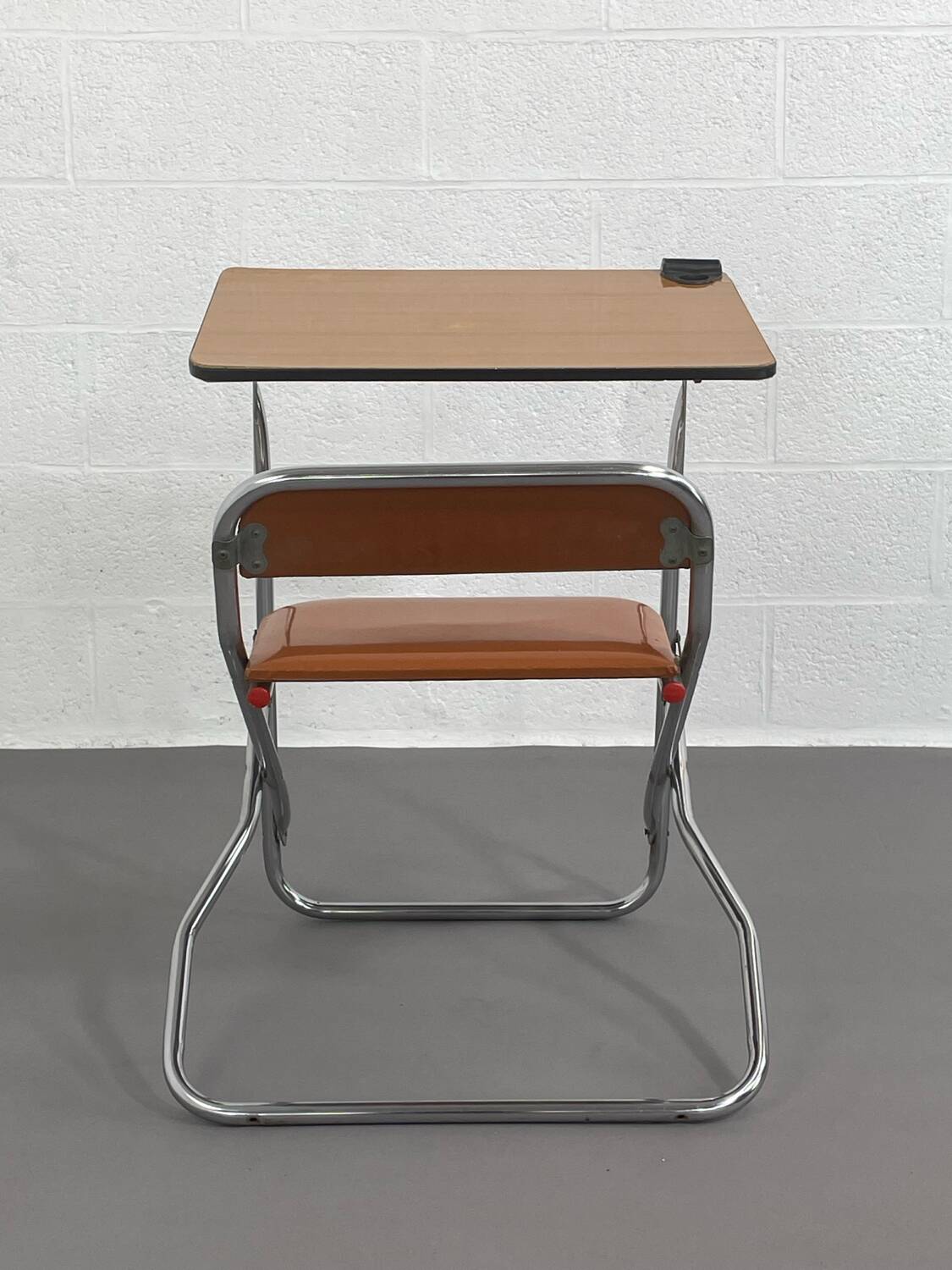 Vintage folding school desk with faux leather seat