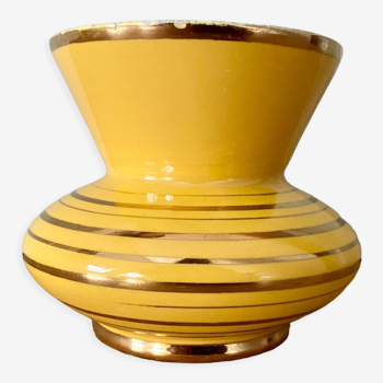 Vase vintage art déco en céramique jaune et doré