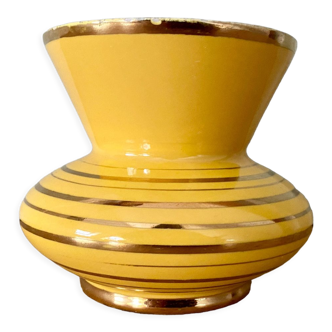 Vase vintage art déco en céramique jaune et doré