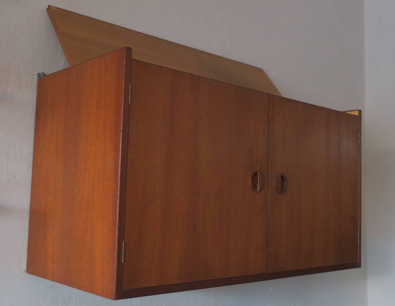 Danish teak flip-top media wall cabinet, 1960s