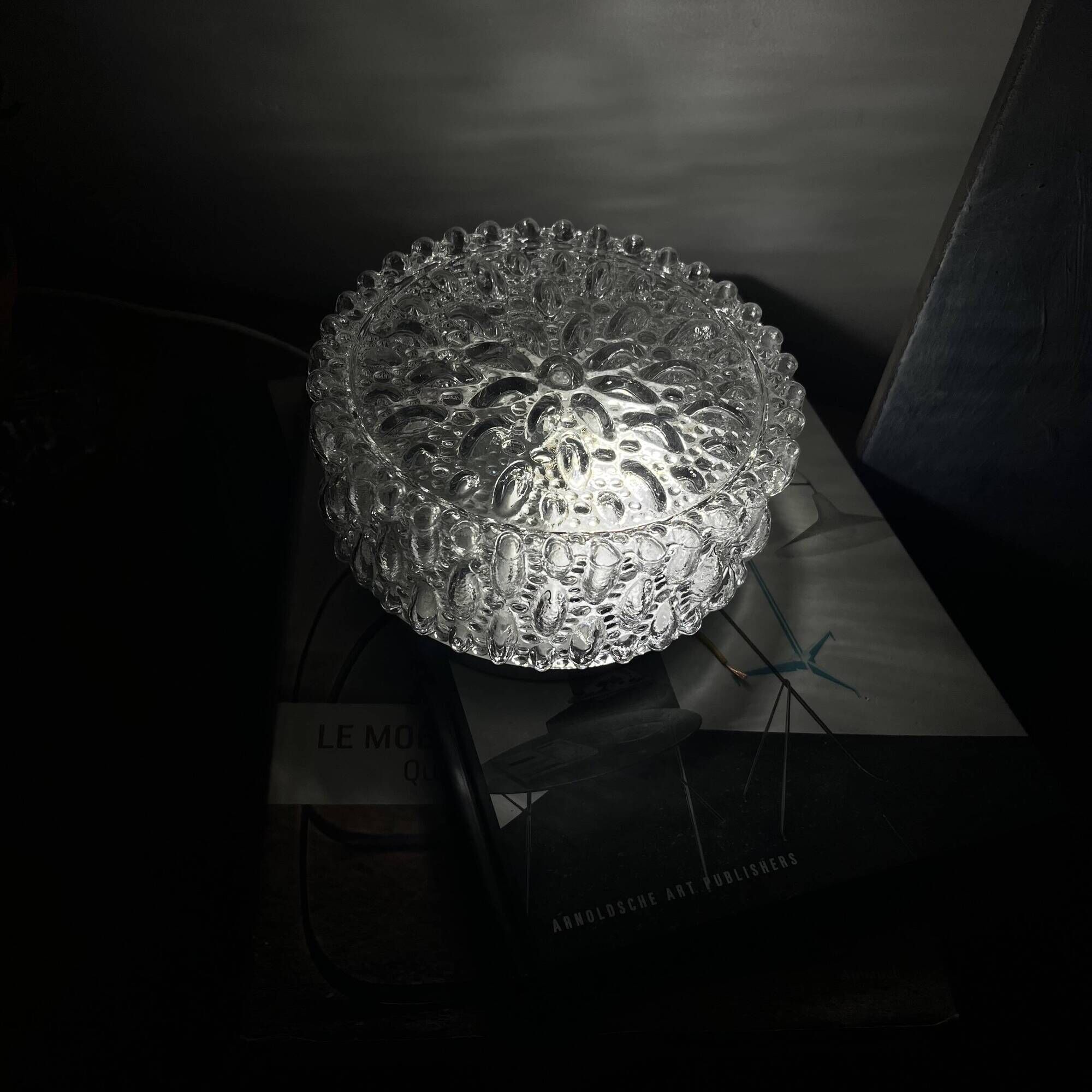 Small round wall light ceiling fixture in vintage moulded glass from the 1970s 1980s.