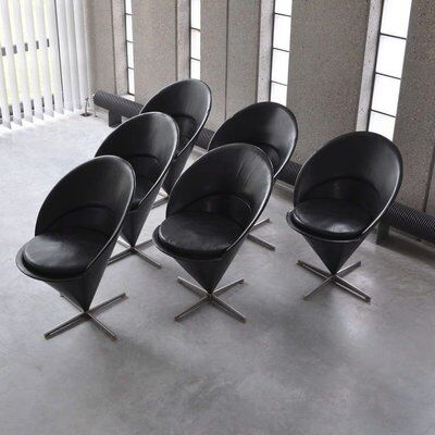 Set of 6 vintage black leather cone chairs by Verner Panton for Gebrüder Nehl