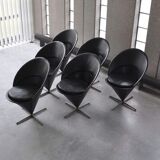 Set of 6 vintage black leather cone chairs by Verner Panton for Gebrüder Nehl