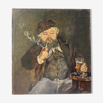Tableau ancien, portrait d’un homme à la pipe, signé et daté 57