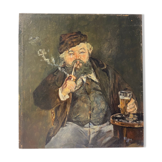 Old painting, portrait of a man with a pipe, signed and dated 57