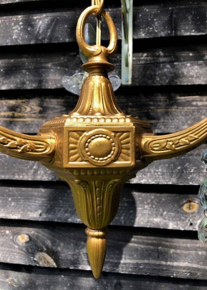 Gilt French Chandelier: Neo Classical 3-Branch Crystal Pendant Light