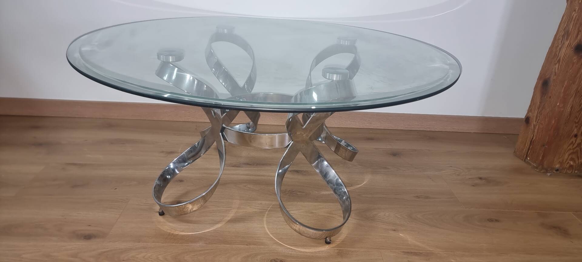 Table basse vintage Spage Age en verre et chrome. Style Hesterberg