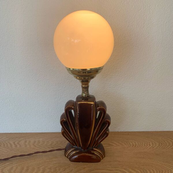 ▪️Lampe Céramique Et Globe Art Déco Coquille Stylisée Brun Et Or