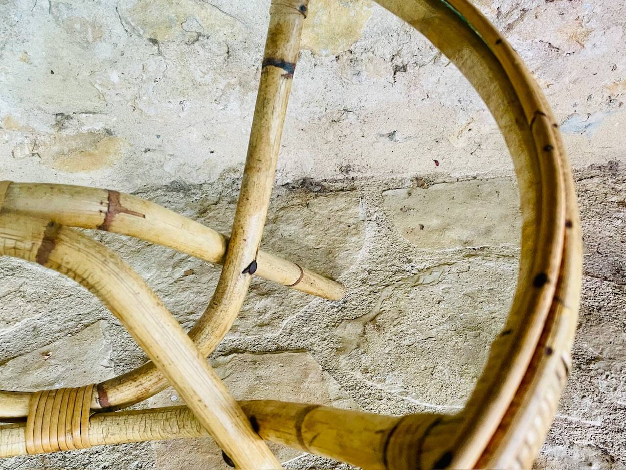 Round bamboo and rattan coffee table with glass top, circa 1960s