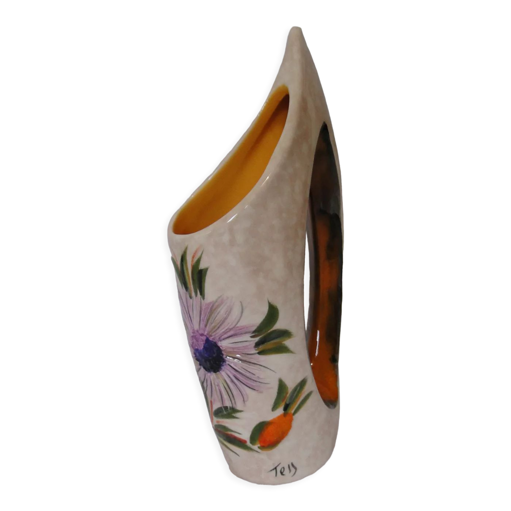Ceramic vase with handle from the 70s, signed Tess, sunflower decor