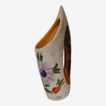 Vase ceramique a anse annees 70 signe tess decor tournesol