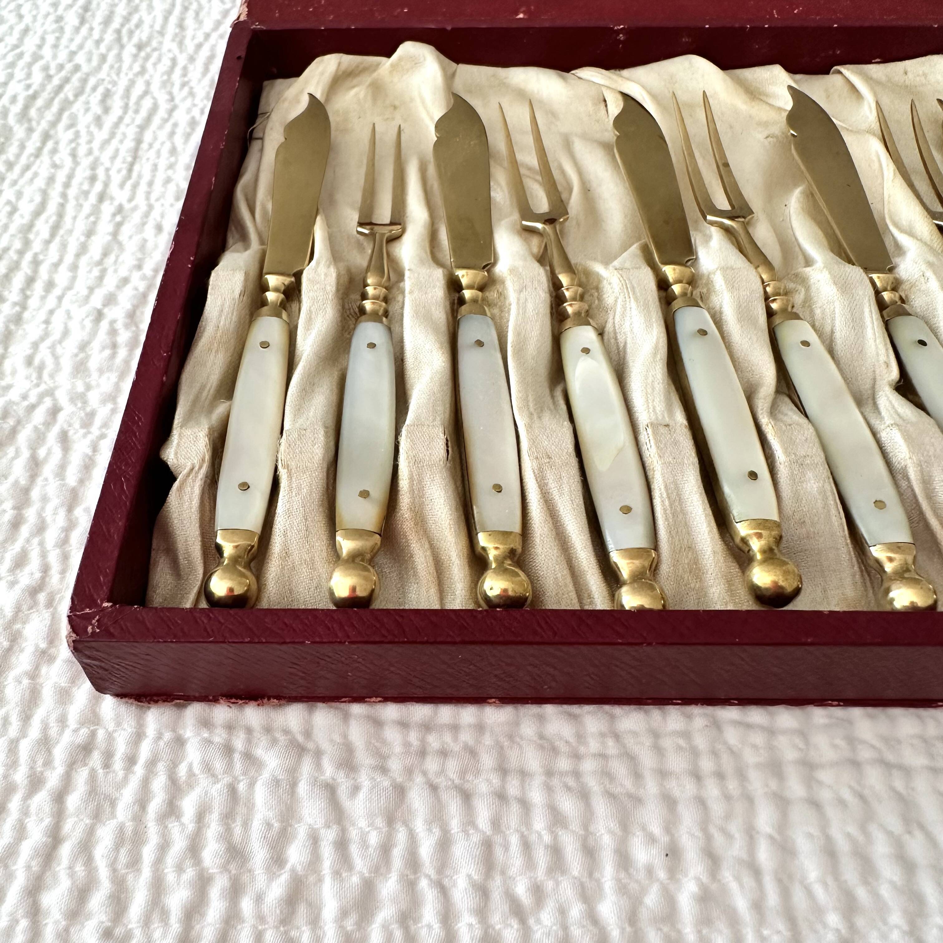 Antique Fruit Cutlery Set for 6 · Brass & Mother-of-Pearl · Original Box
