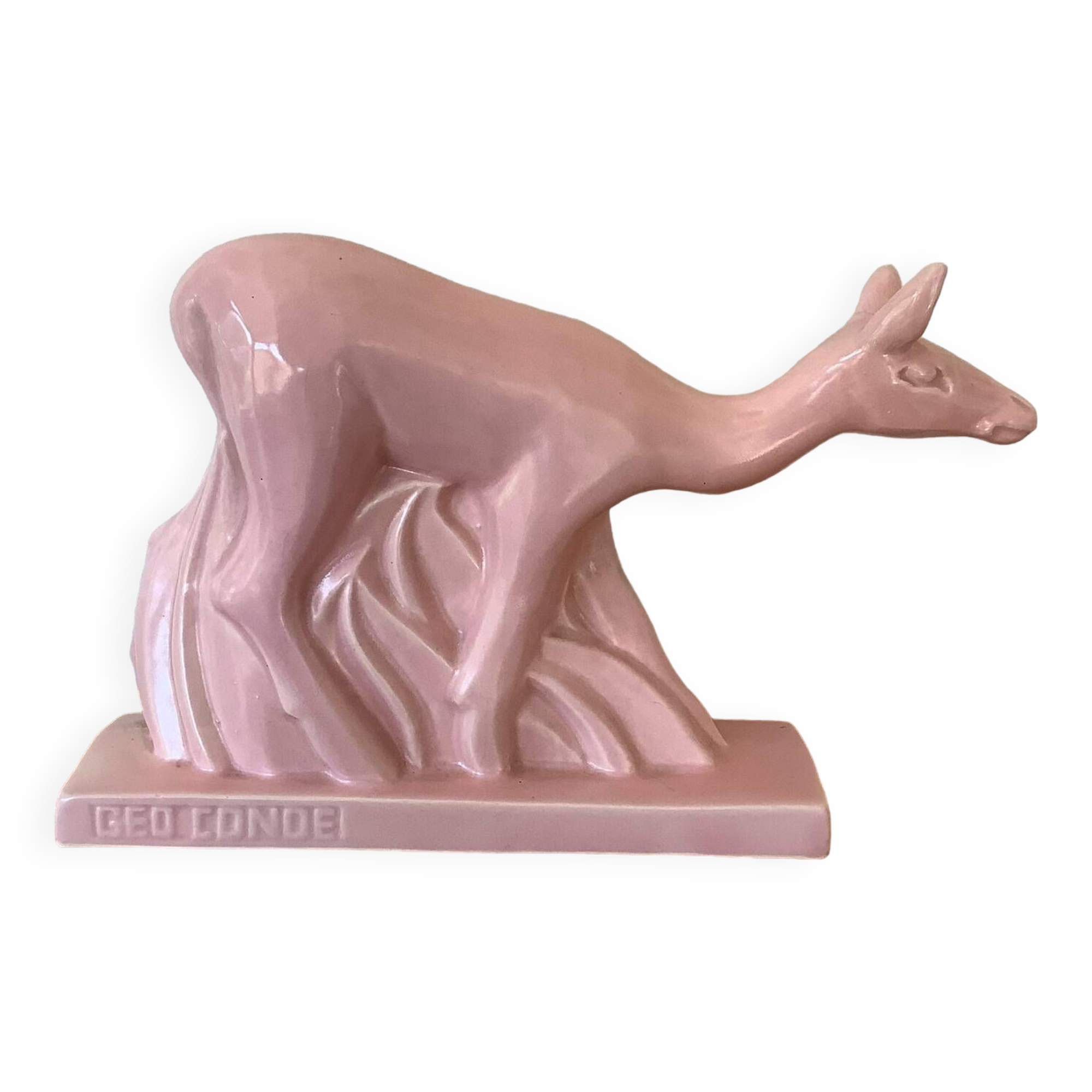 Pink doe sculpture geo conde saint clement earthenware france 1930 art deco
