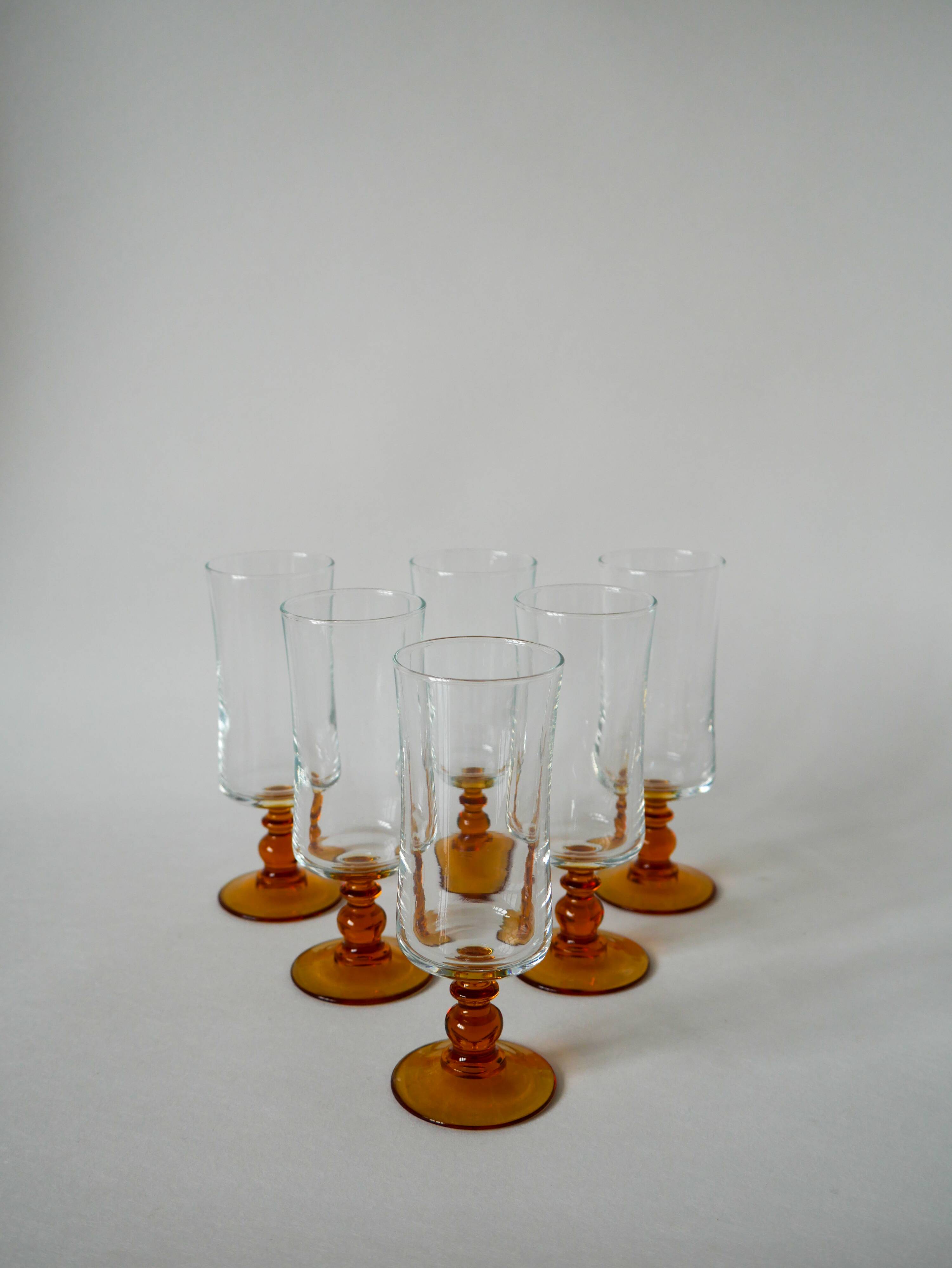 set of 6 vintage amber-footed champagne flutes 1970
