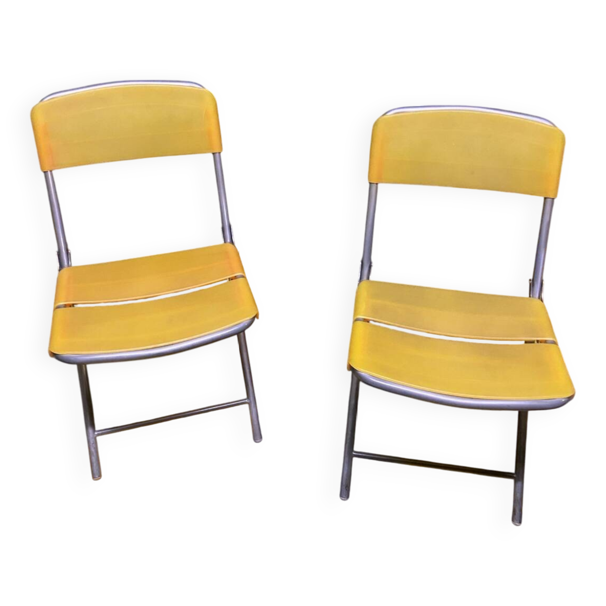 Yellow plastic and steel folding chairs, 1970s