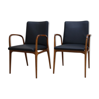 Set of 2 armchairs in black leather and wood