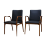 Set of 2 armchairs in black leather and wood