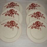 Lot de 6 assiettes plates anciennes en faïence beige et rouge