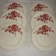 Set of 6 old flat plates in beige and red earthenware