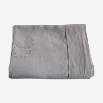 Drap ancien, broderies de jours et monogramme 185x300cm