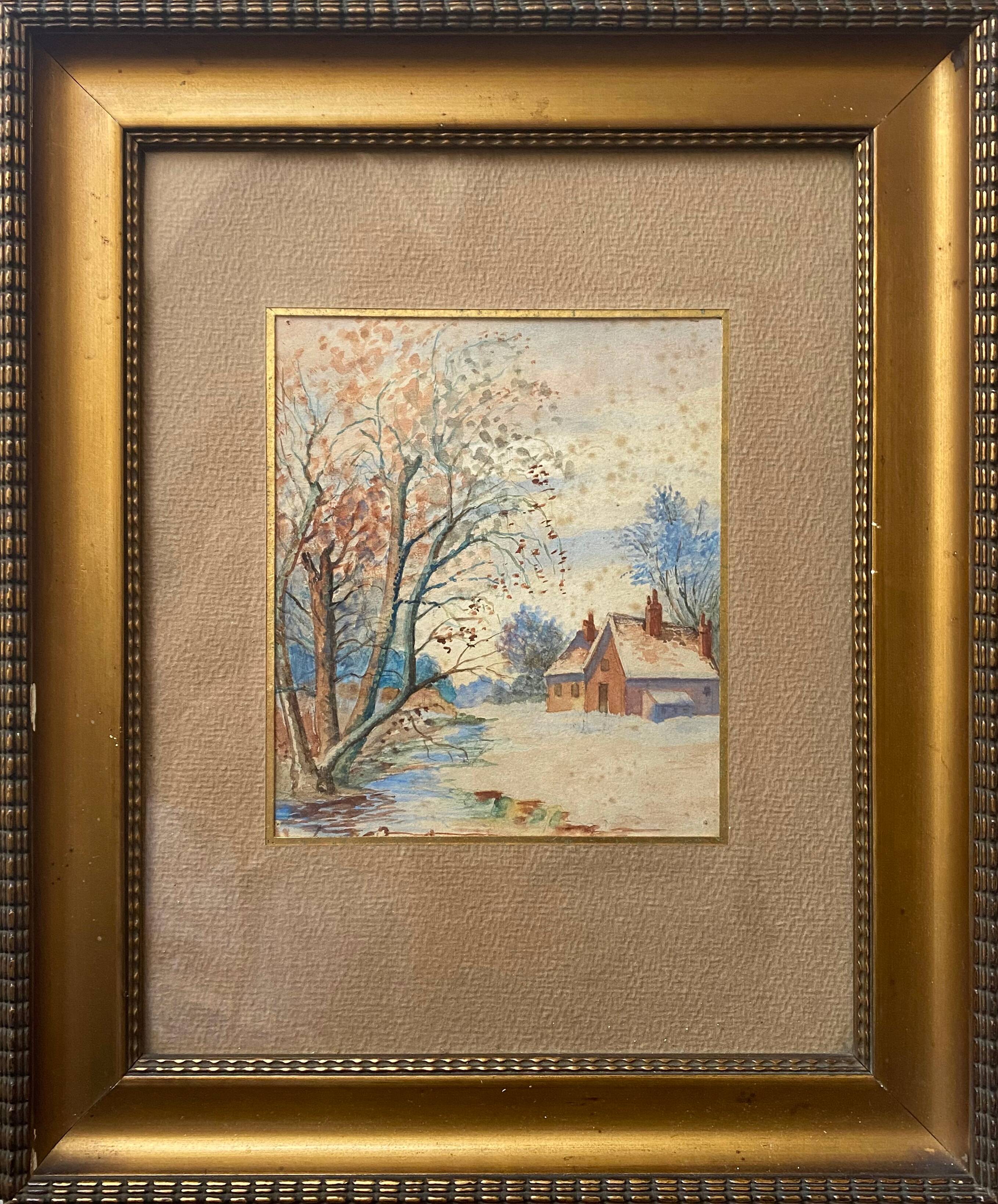 Old watercolor painting "House, winter landscape" + frame