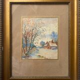 Old watercolor painting "House, winter landscape" + frame
