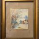 Old watercolor painting "House, winter landscape" + frame