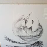 Ancien tableau crayon jerome sterbecq «roulé boulé» + cadre bois noir vintage