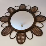 Miroir fleur vintage en rotin et cannage années 60/70