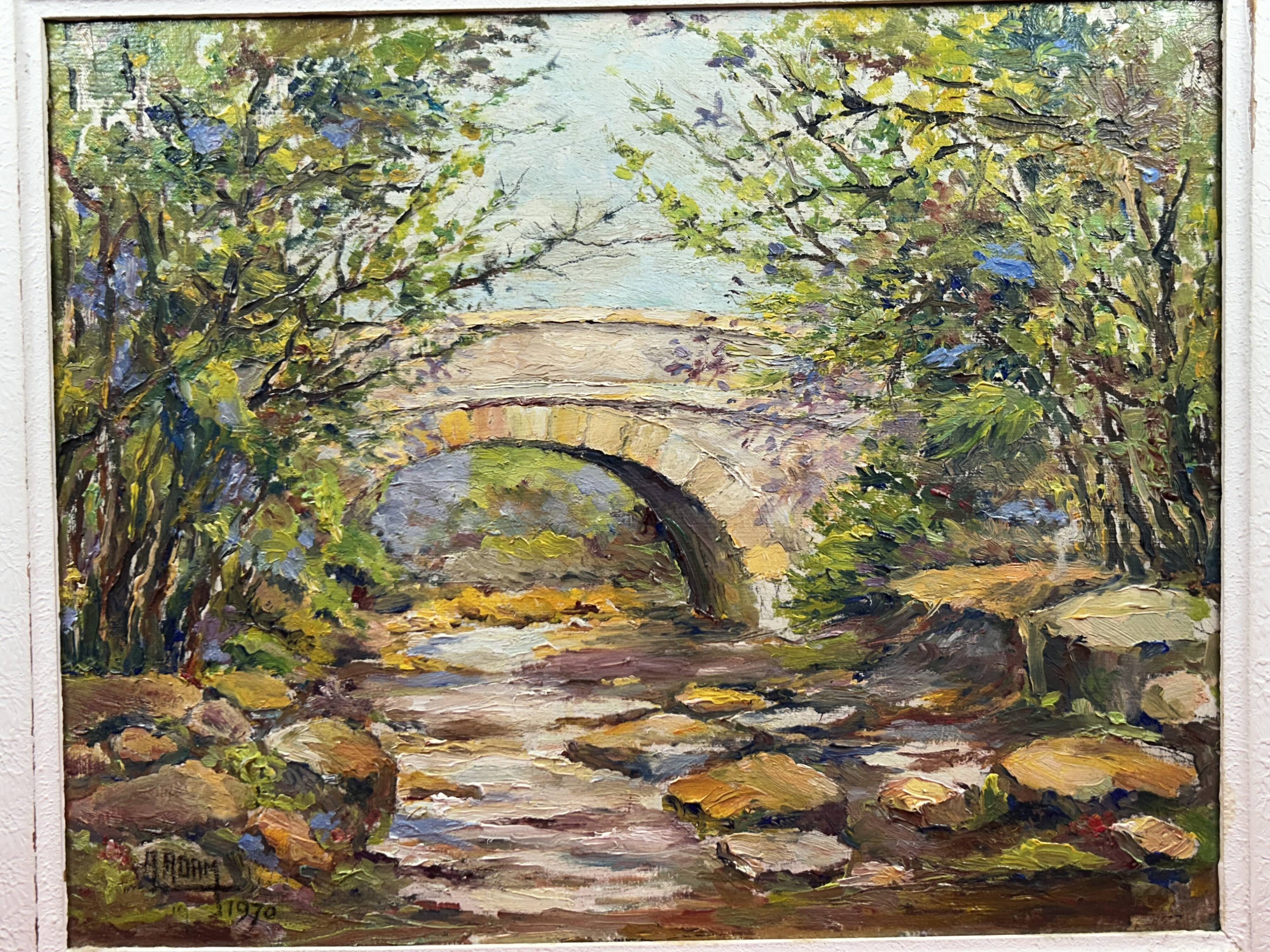 Oil on panel stone bridge river ST Tropez, st Maxime? signed A. Ada