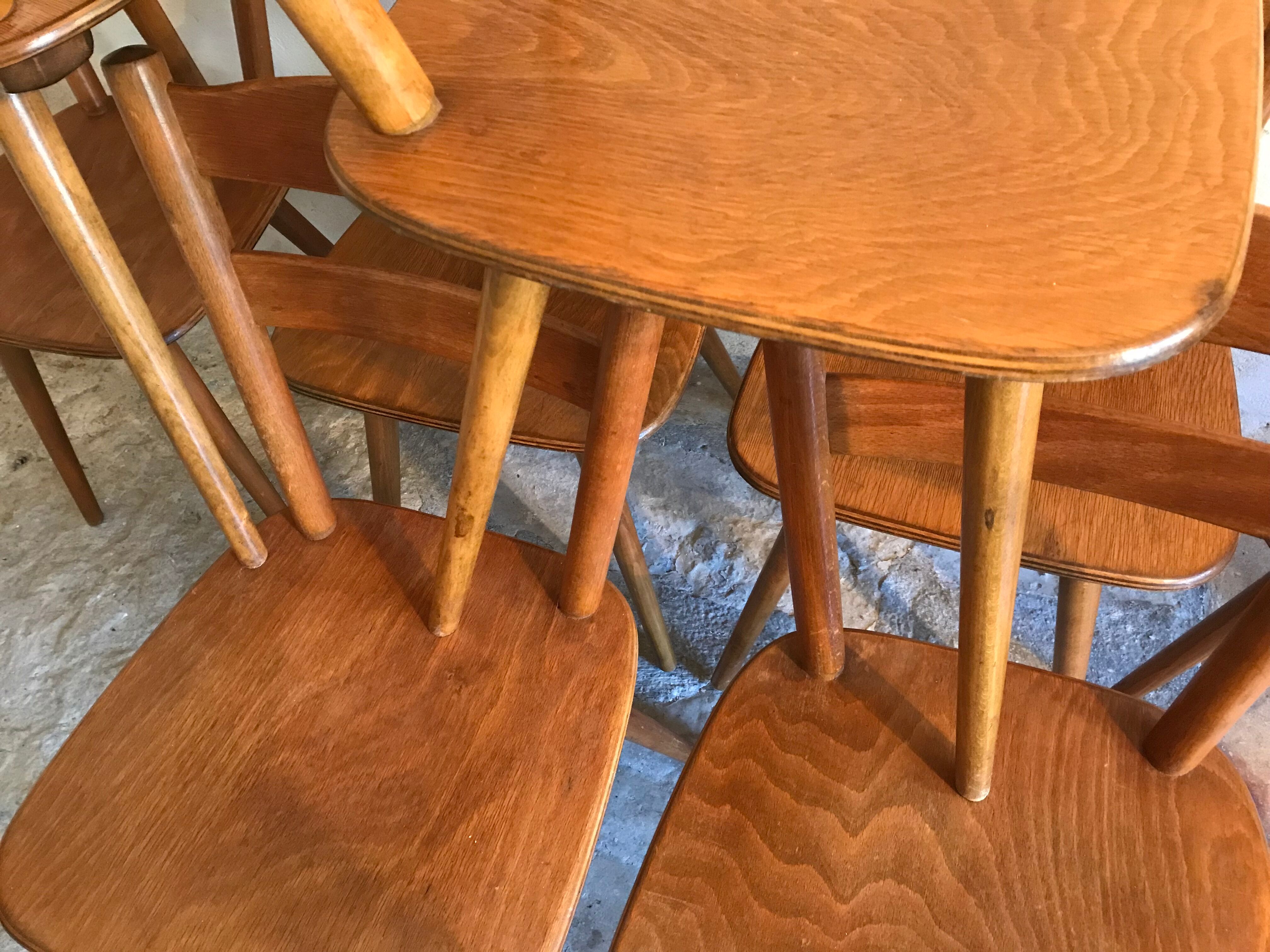 Set of 8 vintage beech chairs compass feet 1960's