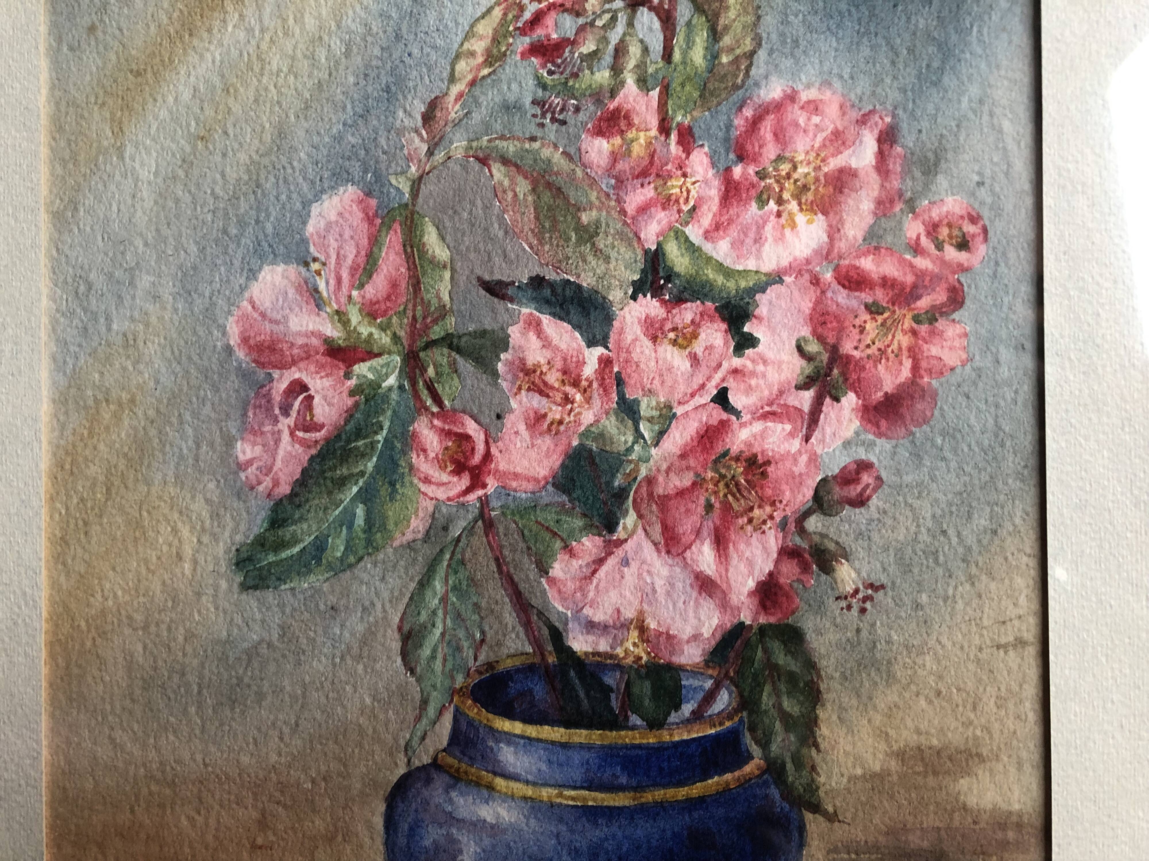 Watercolor painting m. buffeteau bouquet flowers signed & frame gilded wood vintage