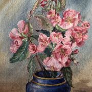 Watercolor painting m. buffeteau bouquet flowers signed & frame gilded wood vintage