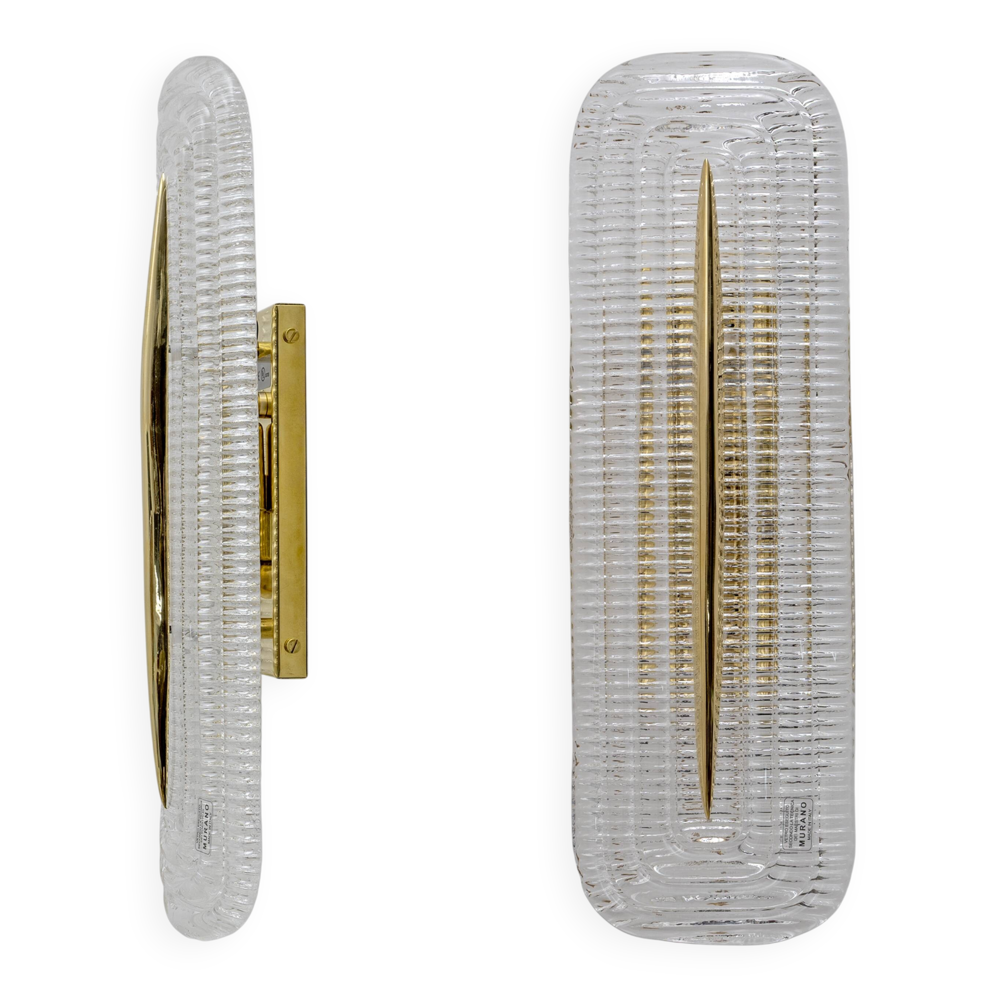 Pair of Modern Murano Glass Transparent and Brass Sconces, Italy