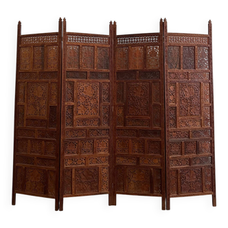 Vintage Asian carved teak screen — mid-20th century
