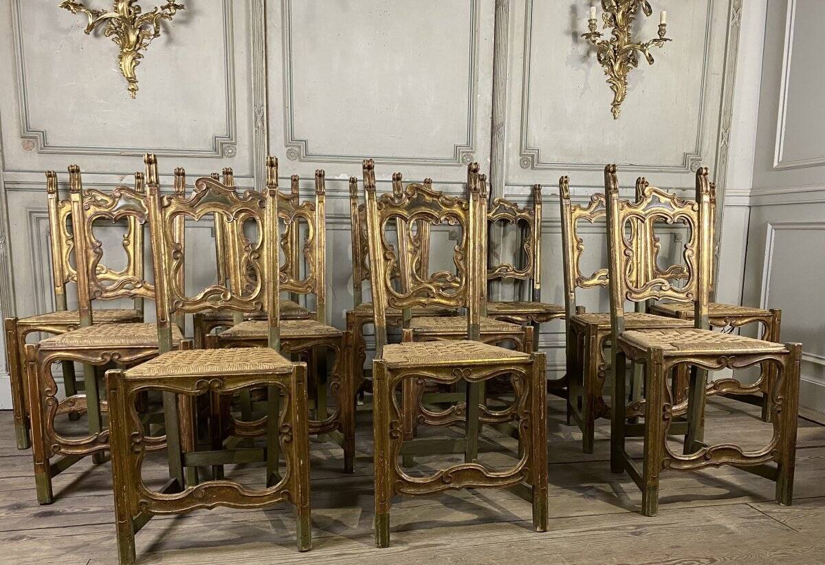 Set of 12 carved wooden chairs, Italy