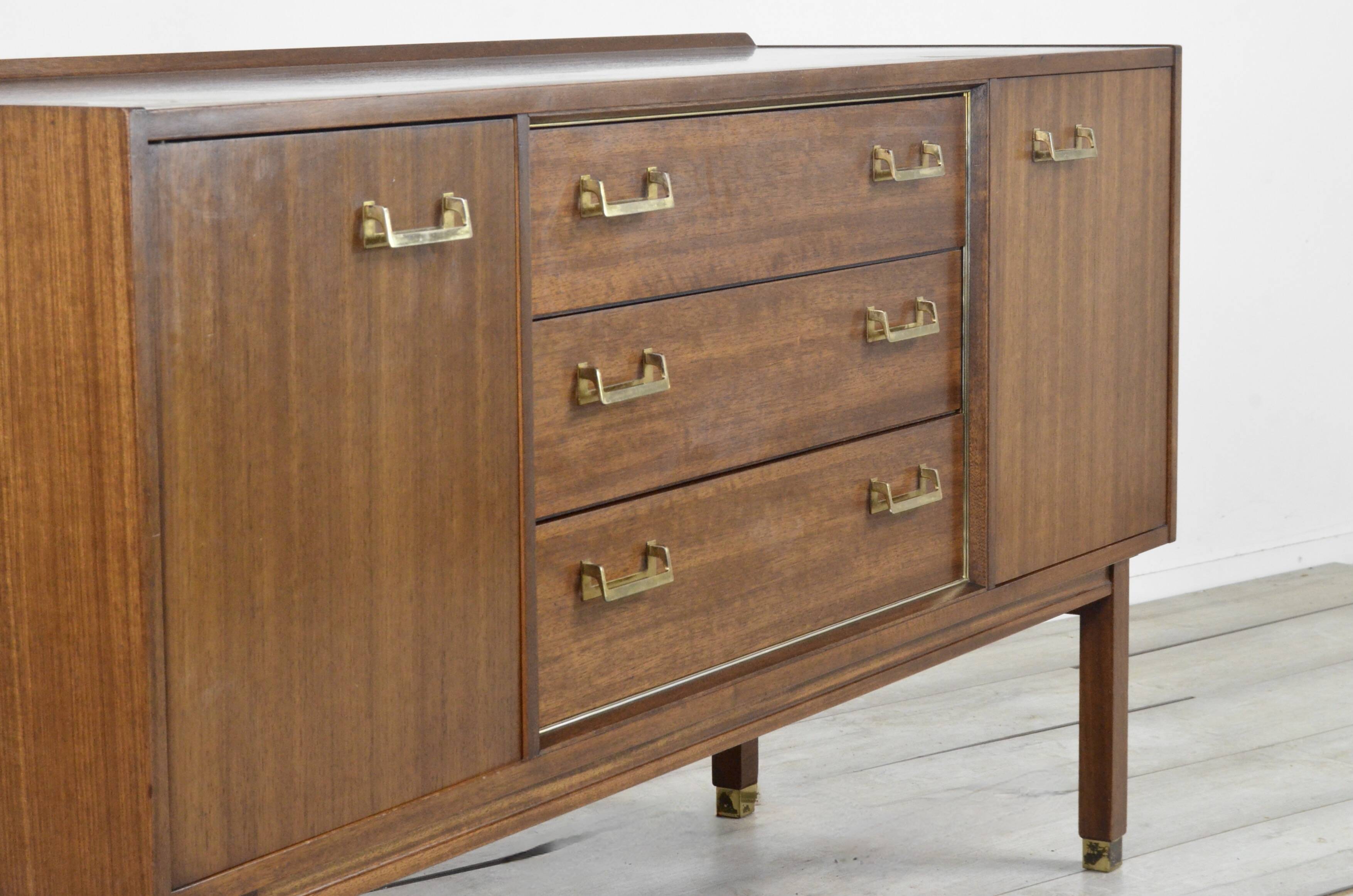 Midcentury G Plan 'E Gomme' Sideboard In Walnut And Brass. Vintage Modern /