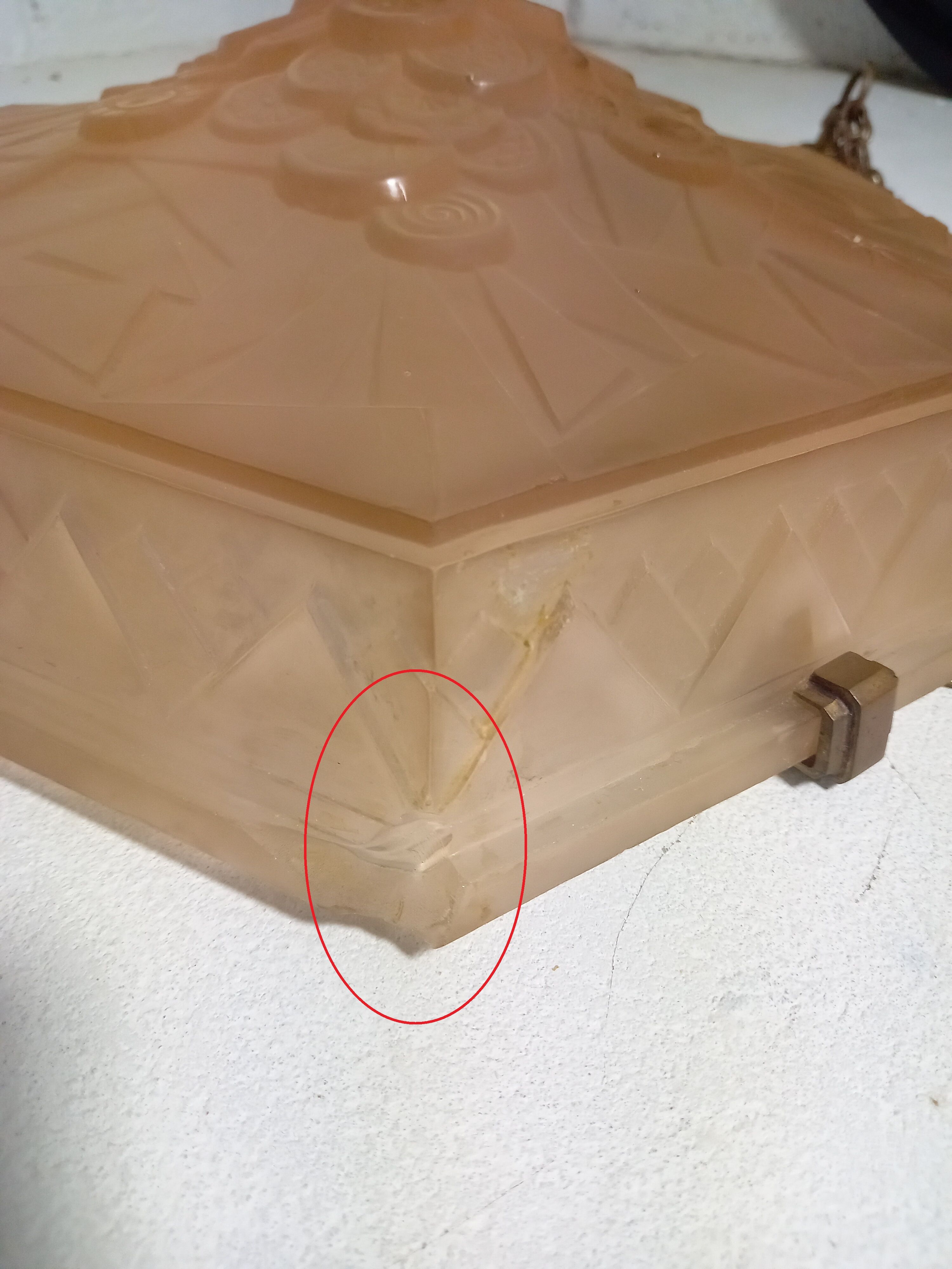 Art Deco pendant lamp in pink frosted glass signed Muller Frêres Luneville