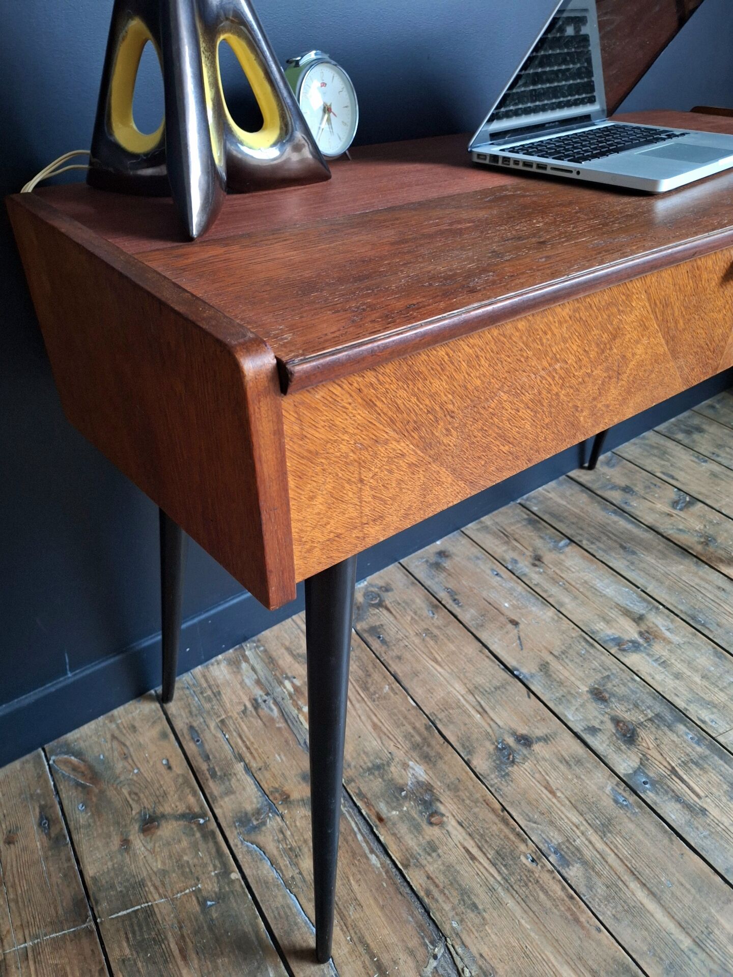 Vintage furniture with tapered legs, desk, console, dressing table.