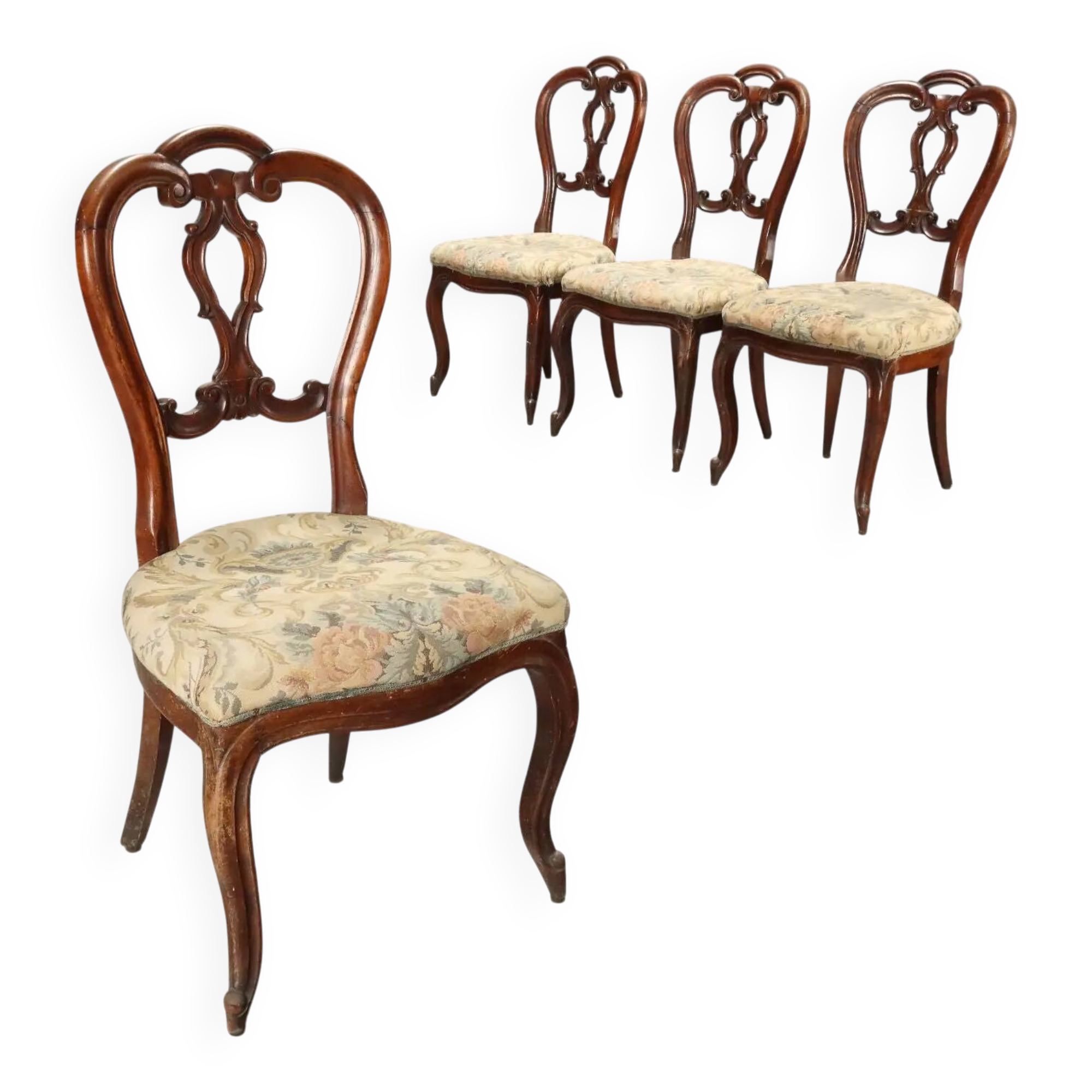 Set of 4 antique Louis-Philippe walnut chairs, upholstered seat, Italy, 19th century.