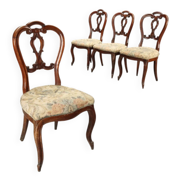 Set of 4 antique Louis-Philippe walnut chairs, upholstered seat, Italy, 19th century.