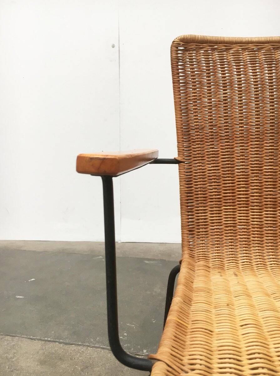 Mid-century metal and rattan dining chairs, set of 3.