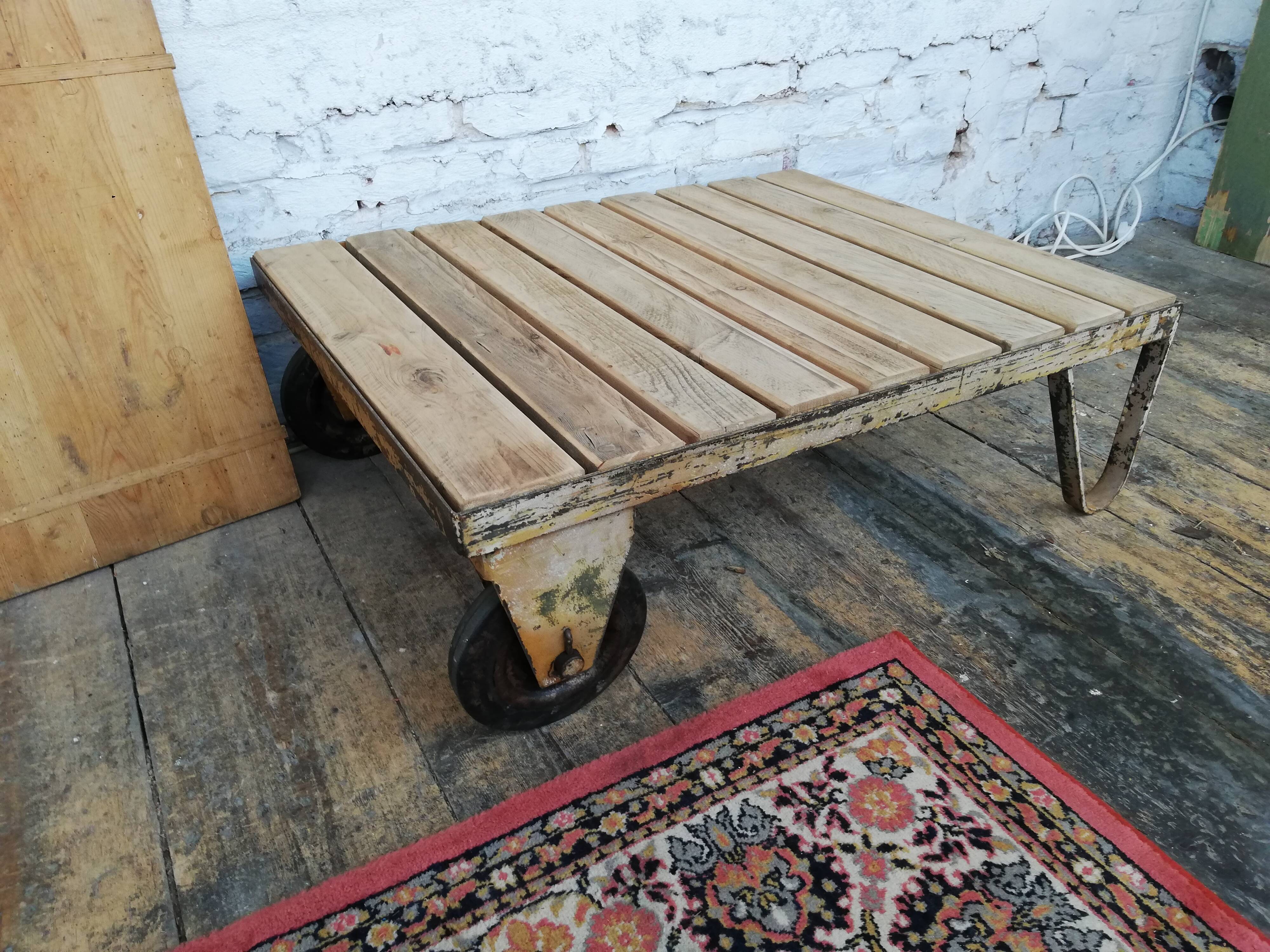 Wooden and metal coffee table, old industrial trolley