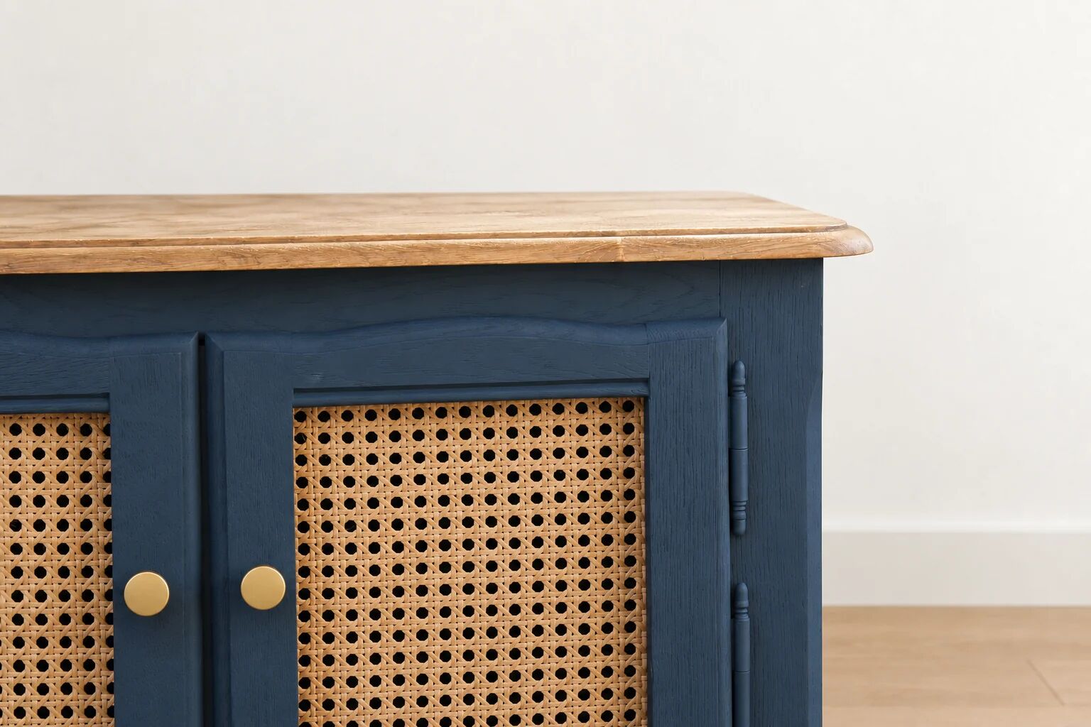 Small renovated vintage buffet in blue from Vosges, Libéron and caning – 2 doors, 2 drawers