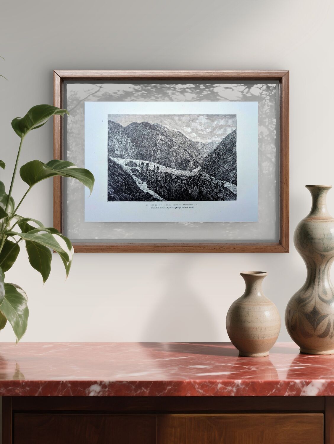 The Devil's Bridge, Schöllenen, vintage engraving, 1878.