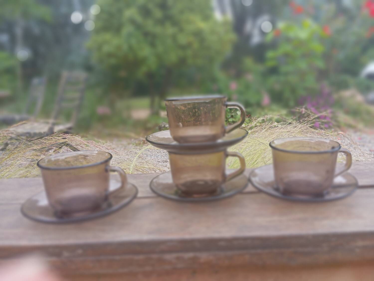 4 smoked glass cups and saucers from Arcoroc 1970