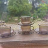 4 smoked glass cups and saucers from Arcoroc 1970